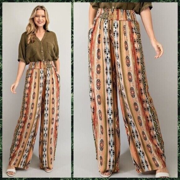 EASEL Aztec Print Lightweight Flowy Gauze Pants Wide Leg Smocked Waist & Pockets - Picture 8 of 12